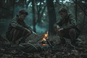 AI generated scouts having campfire in the woods. generative ai photo