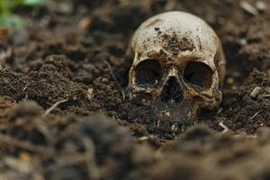 AI generated Close-up of a human skull in soil, forensic science and archaeology concept .Generative ai photo