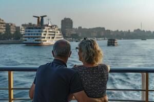 AI generated couple in love on the deck of a luxury cruise in egypt. generative ai photo