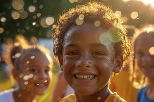 ai generado niños jugando al aire libre. generativo ai foto