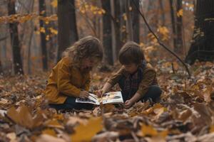 ai generado niños pintura en el medio de el bosque. generativo ai foto