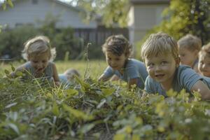 AI generated children playing outdoors. generative ai photo