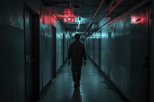 AI generated Mysterious Woman Walking in an Old, Abandoned Corridor .Generative ai. photo