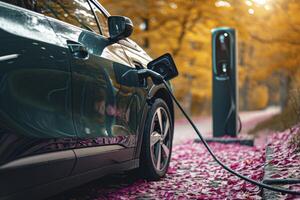 AI generated close up of futuristic electric car next to electric charger. generative ai photo