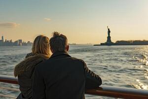 ai generado Pareja en amor en el cubierta de un nuevo York lujo crucero barco. generativo ai foto