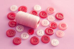 ai generado textura con redondo rosado botones para de coser, costura, y hilo foto