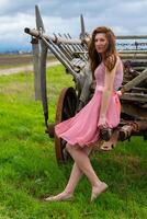 pretty young woman in a pink dress in front of a horse drawn carriage photo