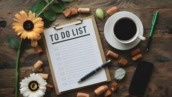 AI generated Capture Wooden table top with to do list, pen, coffee, flower photo
