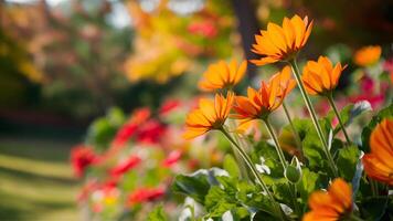 AI generated Blurred background captures beautiful autumn flowers in fall garden park photo