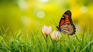 AI generated Easter spring background with fresh butterfly and yellow green grass photo