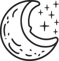 a black and white drawing of a crescent with stars vector