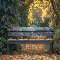 AI generated Timeless appeal Weathered wooden bench in a peaceful setting For Social Media Post Size photo