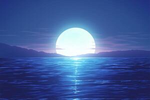 AI generated Tranquil blue moon reflects over water, creating a serene background photo