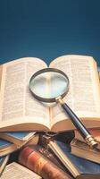 AI generated Information exploration Open book and magnifying glass on a desk Vertical Mobile Wallpaper photo