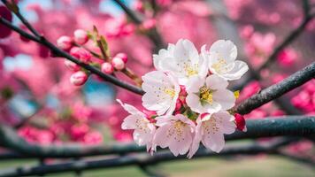 AI generated Img Shallow depth Sakura flower cherry blossom panoramic template photo