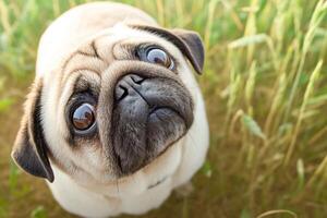 AI generated Green meadow moment Wise old pug captured in high quality photo