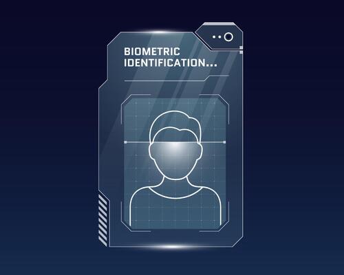 HUD person biometric scan and identification system concept. User recognition verification scanner and human identity digital security panel. ID authorization dashboard interface GUI FUI eps design