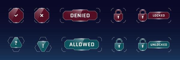 hud digital futurista usuario acceso permitido y negado signo. pregunta y exclamación marca botón. cuenta verificación entrada proteger símbolo. videojuego seguridad interfaz. gui fui diseño vector elemento