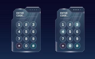 hud digital futurista usuario interfaz alfiler código entrada panel colocar. ciencia fi alto tecnología proteccion resplandor pantalla gui o fui concepto. juego menú autorización numérico contraseña Teclado desbloquear teclado tablero vector