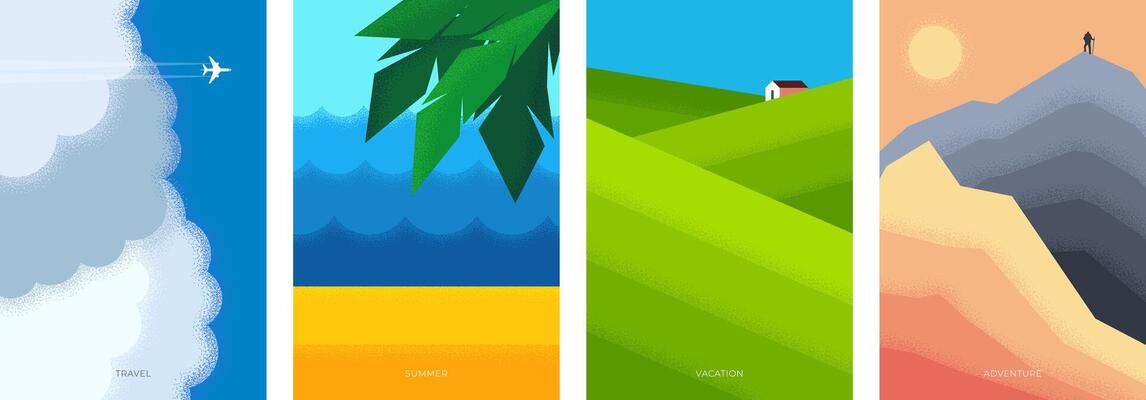 Abstract retro minimal summer travel poster. Vintage print plane in clouds. Palm on beach sand and sea. Tourist vacation hike mountain on banner. Nature landscape fields trendy minimalist rest placard