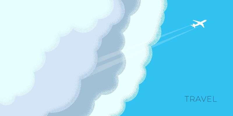Abstract retro minimal summer travel horizontal banner. Plane flies in clouds on holiday vintage poster. Flight on vacation trendy minimalist placard. Summertime sky journey vector eps design template