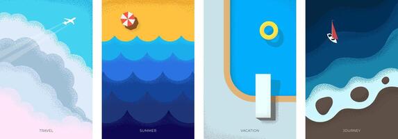 Abstract retro minimal summer travel poster set. Plane flies in clouds on holiday vintage print. Yacht on sea and beach with swimming pool on vacation trendy minimalist eps placard. Summertime journey vector