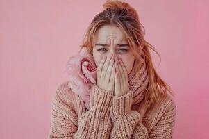 ai generado enfermo joven mujer cubre boca y nariz con su manos, vestido en rosado suéter y bufanda. niña con alergia estornudos, teniendo líquido nariz foto