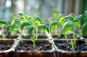 ai generado plántulas tomate en marrón ollas con suelo en luz de sol. planta de semillero vegetales en bandeja para brote en invernadero creciente en rayos de sol foto