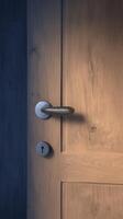 AI generated Closeup modern door handle with keyhole on wooden door Vertical Mobile Wallpaper photo