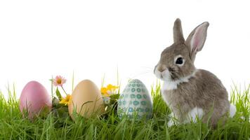 AI generated Picture White background with little Easter bunny, eggs, flowers, grass photo