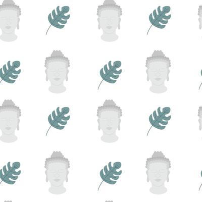 Vector flat buddha statue and monstera leaf seamless pattern