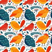 Different folk art birds and plants seamless pattern vector