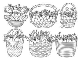 Set of Easter baskets in doodle style. Vector Easter baskets with eggs and flowers set