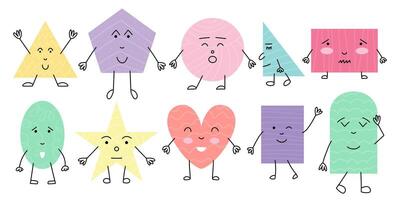 Funny colorful basic geometric figure characters with faces set. Vector cute basic geometric shapes faces set