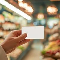 AI generated Hand presenting blank credit card against grocery store backdrop For Social Media Post Size photo