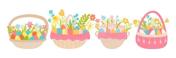 Cute set of pink Easter baskets set. Vector wicker baskets with tulips and daisies flowers and colorful eggs