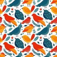 Flat style folk art birds seamless pattern. Vector pattern with colorful birds in folk art style