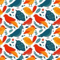 Flat style folk art birds seamless pattern. Vector pattern with colorful birds in folk art style