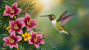 AI generated Tropical flower background with hummingbird in flight, archilochus colubris photo