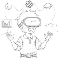 Hand drawn boy using virtual reality coloring book illustration vector