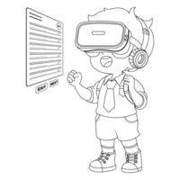 Hand drawn boy using virtual reality coloring book illustration vector