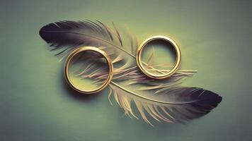 AI generated Retro toned background with two golden wedding rings and gentle feather photo