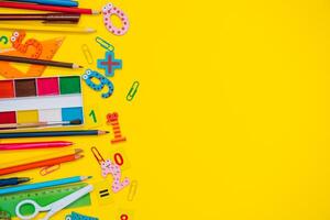 School equipment. Variety of school supplies. Flat lay photo