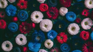 AI generated Blue, red, and black flowers add texture to fabric backdrop photo