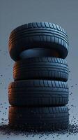 AI generated Playful and unique 3D display of three stacked and scattered tires Vertical Mobile Wallpaper photo