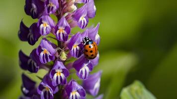 AI generated Picture Ladybug on violet lupine flower in summer garden photo