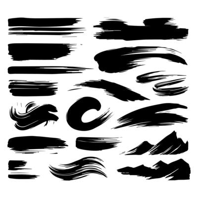 Set of black paint, ink brush strokes, brushes, lines, grungy. Dirty artistic design elements, boxes, frames. Vector illustration. Isolated on white background. Freehand drawing.