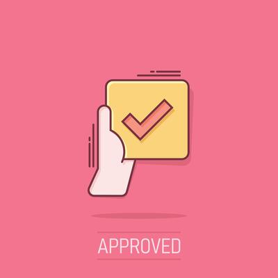 People hand with check mark icon in comic style. Accept cartoon vector illustration on isolated background. Approval choice splash effect business concept.