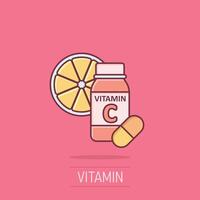 vitamina C icono en cómic estilo. botella con píldora dibujos animados vector ilustración en aislado antecedentes. farmacia firmar negocio concepto chapoteo efecto.