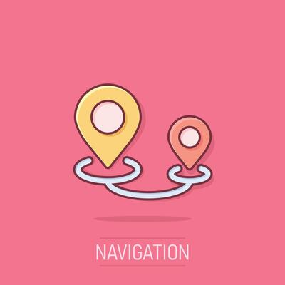 Map pin icon in comic style. GPS navigation cartoon vector illustration on isolated background. Locate position splash effect business concept.